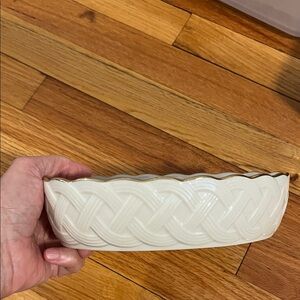 Lenox Cream Ceramic Basketweave Oval Dish with Gold Trim.
